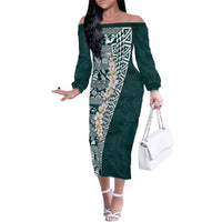 Hawaii Plumeria Tribal Vintage Family Matching Off The Shoulder Long Sleeve Dress and Hawaiian Shirt Special Turquoise LT03 Mom's Dress Turquoise - Polynesian Pride
