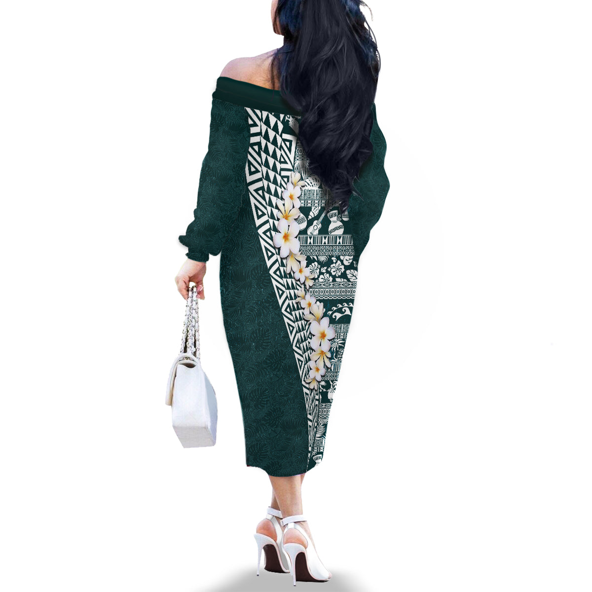 Hawaii Plumeria Tribal Vintage Family Matching Off The Shoulder Long Sleeve Dress and Hawaiian Shirt Special Turquoise LT03 - Polynesian Pride