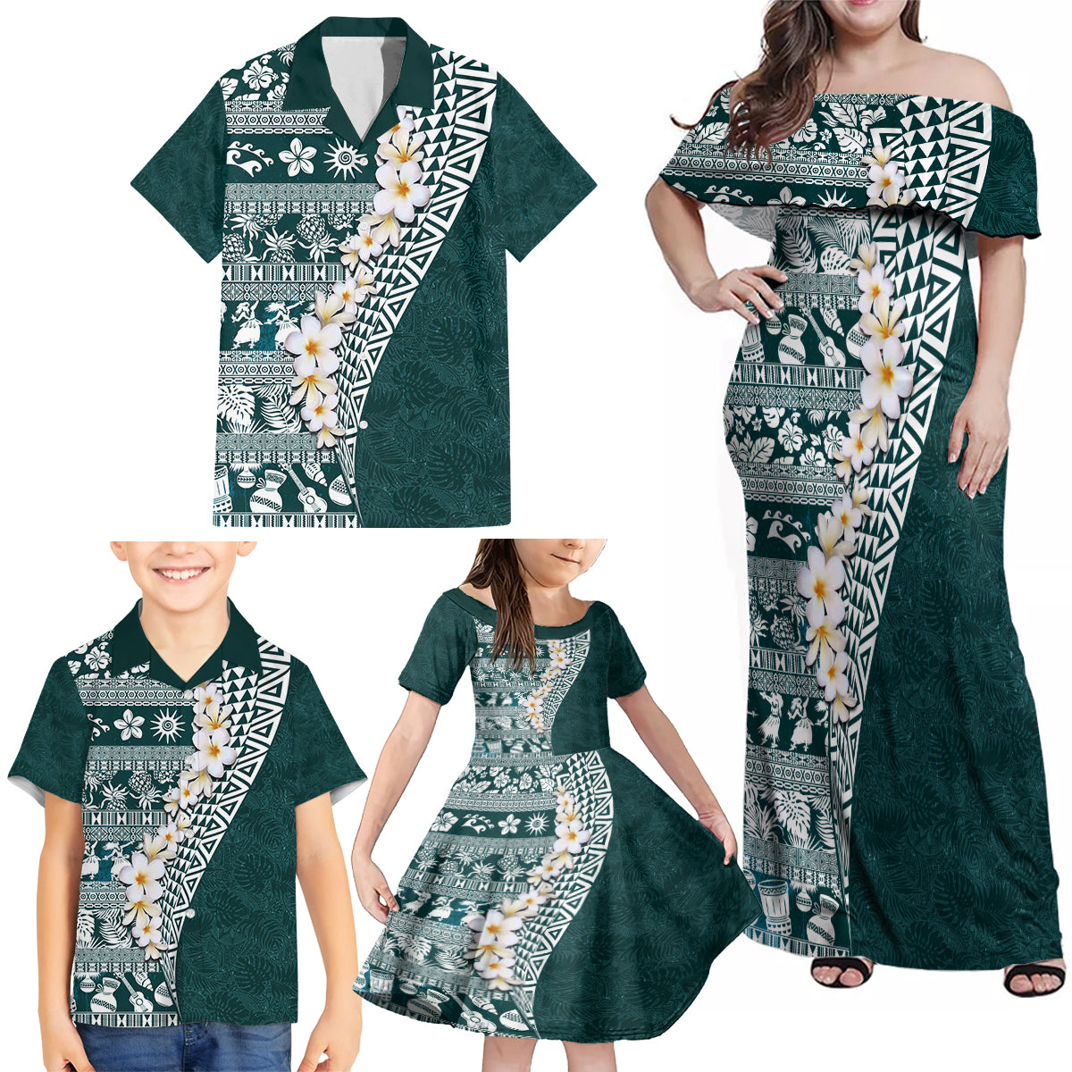 Hawaii Plumeria Tribal Vintage Family Matching Off Shoulder Maxi Dress and Hawaiian Shirt Special Turquoise LT03 - Polynesian Pride