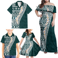Hawaii Plumeria Tribal Vintage Family Matching Off Shoulder Maxi Dress and Hawaiian Shirt Special Turquoise LT03 - Polynesian Pride