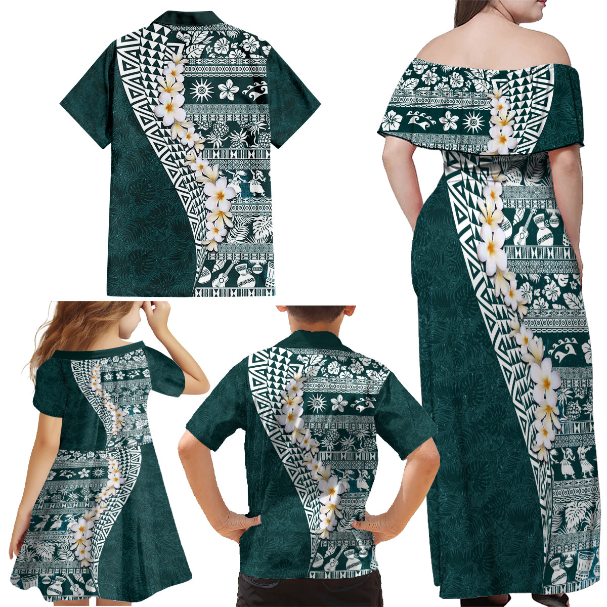 Hawaii Plumeria Tribal Vintage Family Matching Off Shoulder Maxi Dress and Hawaiian Shirt Special Turquoise LT03 - Polynesian Pride
