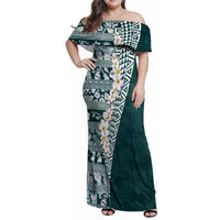 Hawaii Plumeria Tribal Vintage Family Matching Off Shoulder Maxi Dress and Hawaiian Shirt Special Turquoise LT03 Mom's Dress Turquoise - Polynesian Pride