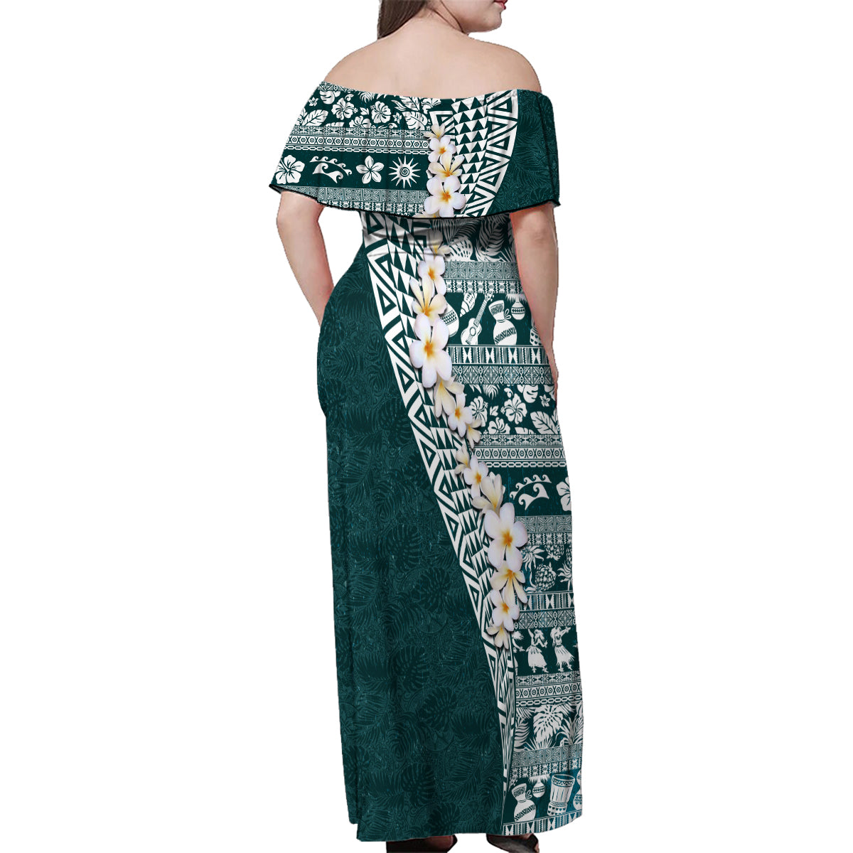 Hawaii Plumeria Tribal Vintage Family Matching Off Shoulder Maxi Dress and Hawaiian Shirt Special Turquoise LT03 - Polynesian Pride