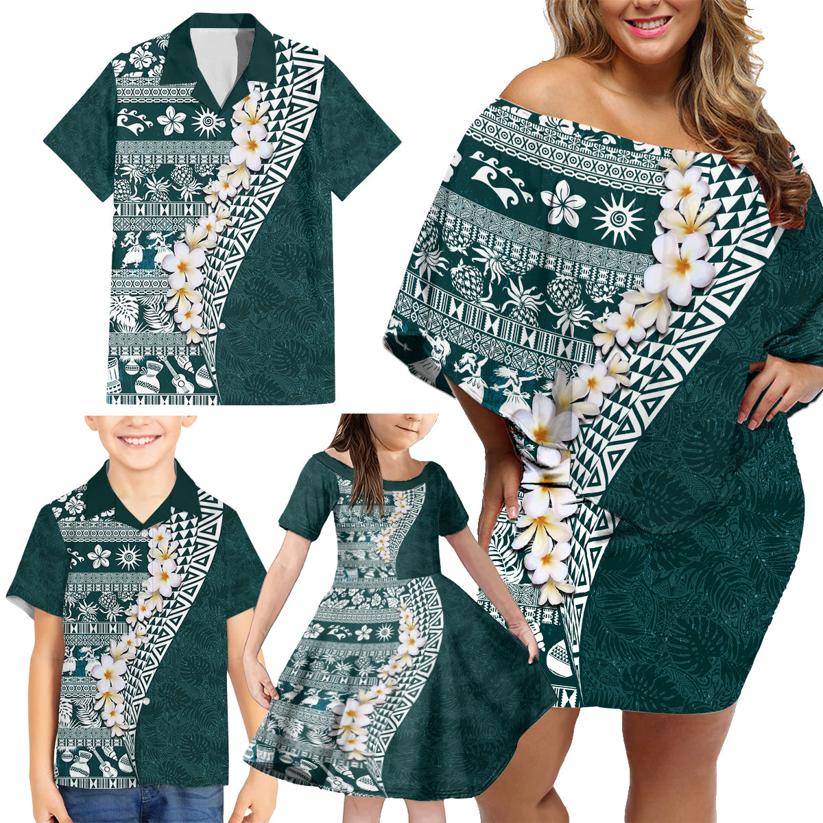 Hawaii Plumeria Tribal Vintage Family Matching Off Shoulder Short Dress and Hawaiian Shirt Special Turquoise LT03 - Polynesian Pride