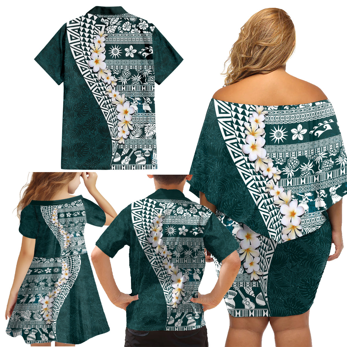 Hawaii Plumeria Tribal Vintage Family Matching Off Shoulder Short Dress and Hawaiian Shirt Special Turquoise LT03 - Polynesian Pride