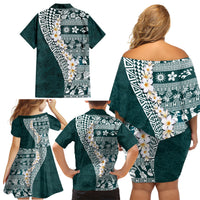 Hawaii Plumeria Tribal Vintage Family Matching Off Shoulder Short Dress and Hawaiian Shirt Special Turquoise LT03 - Polynesian Pride
