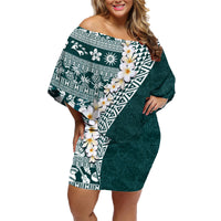 Hawaii Plumeria Tribal Vintage Family Matching Off Shoulder Short Dress and Hawaiian Shirt Special Turquoise LT03 Mom's Dress Turquoise - Polynesian Pride