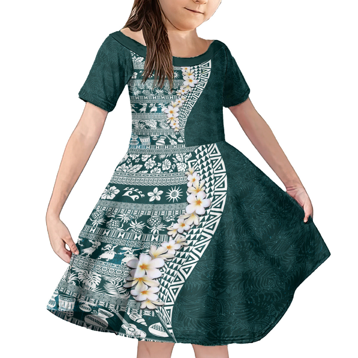 Hawaii Plumeria Tribal Vintage Family Matching Puletasi and Hawaiian Shirt Special Turquoise LT03 Daughter's Dress Turquoise - Polynesian Pride