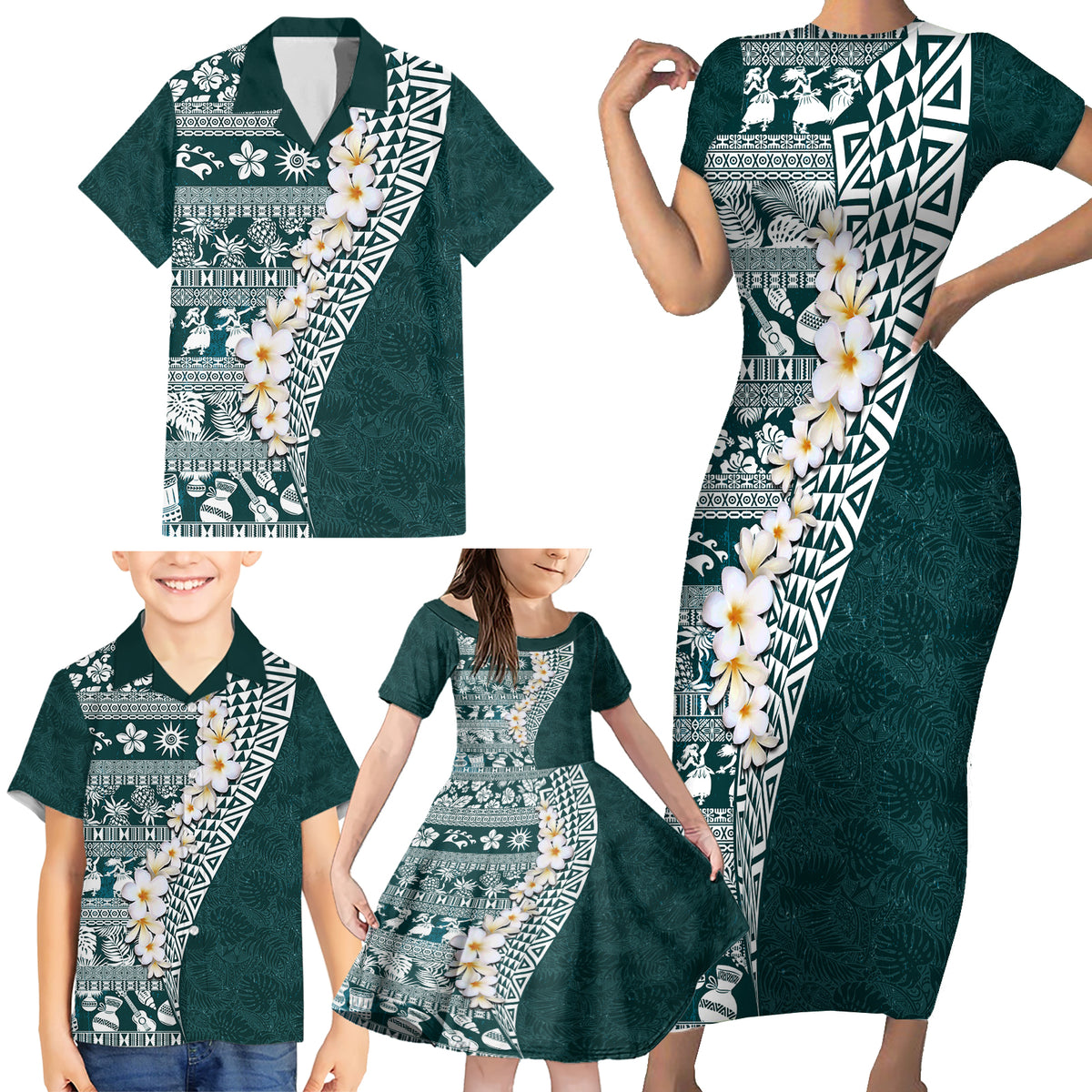 Hawaii Plumeria Tribal Vintage Family Matching Short Sleeve Bodycon Dress and Hawaiian Shirt Special Turquoise LT03 - Polynesian Pride