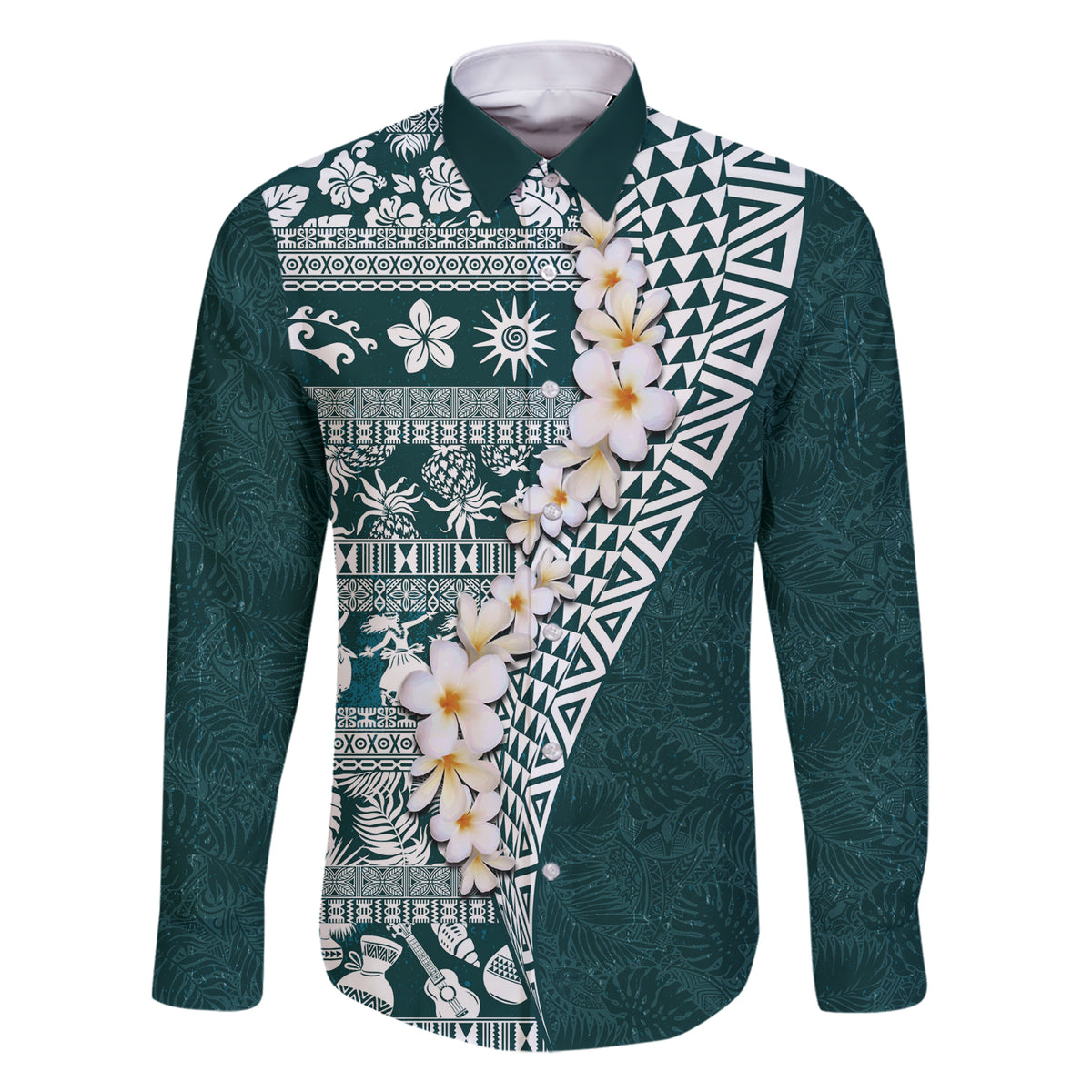 Hawaii Plumeria Tribal Vintage Family Matching Short Sleeve Bodycon Dress and Hawaiian Shirt Special Turquoise LT03 Dad's Shirt - Long Sleeve Turquoise - Polynesian Pride