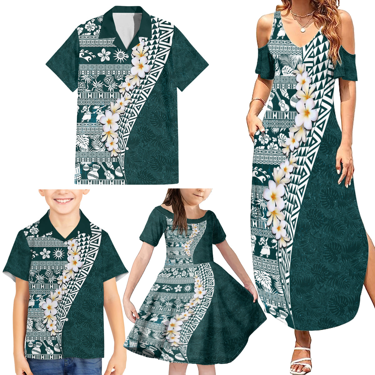 Hawaii Plumeria Tribal Vintage Family Matching Summer Maxi Dress and Hawaiian Shirt Special Turquoise LT03 - Polynesian Pride