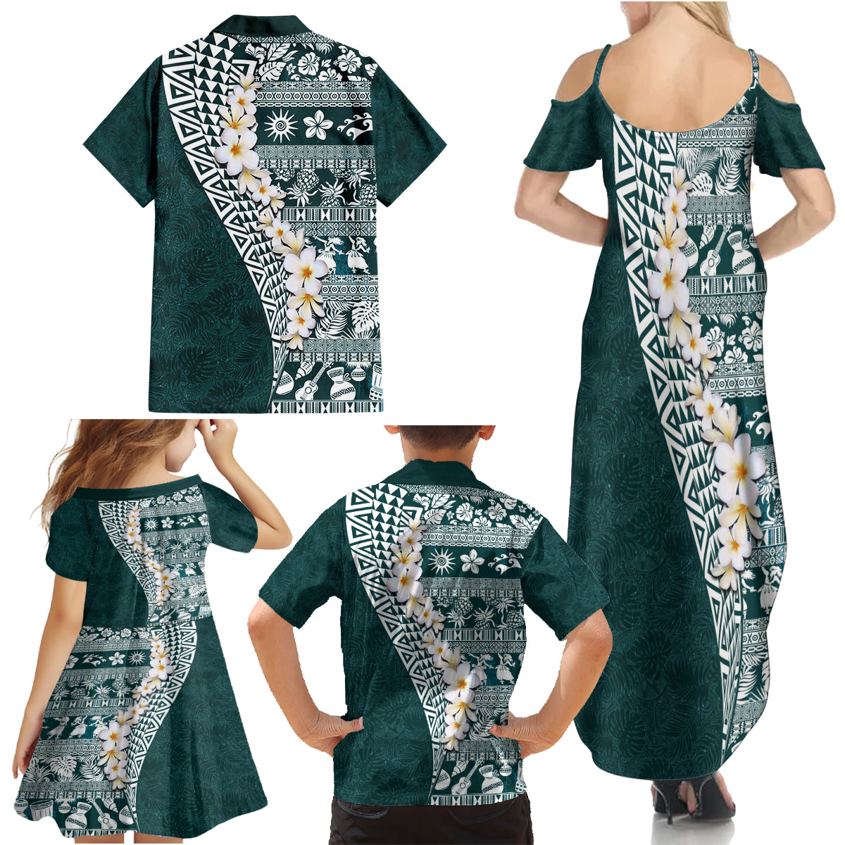 Hawaii Plumeria Tribal Vintage Family Matching Summer Maxi Dress and Hawaiian Shirt Special Turquoise LT03 - Polynesian Pride