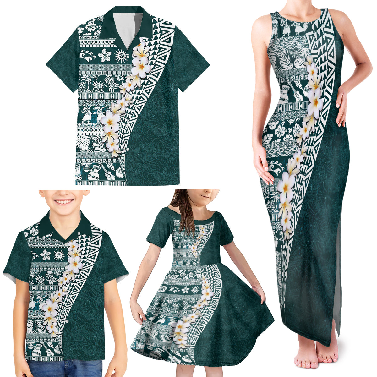 Hawaii Plumeria Tribal Vintage Family Matching Tank Maxi Dress and Hawaiian Shirt Special Turquoise LT03 - Polynesian Pride