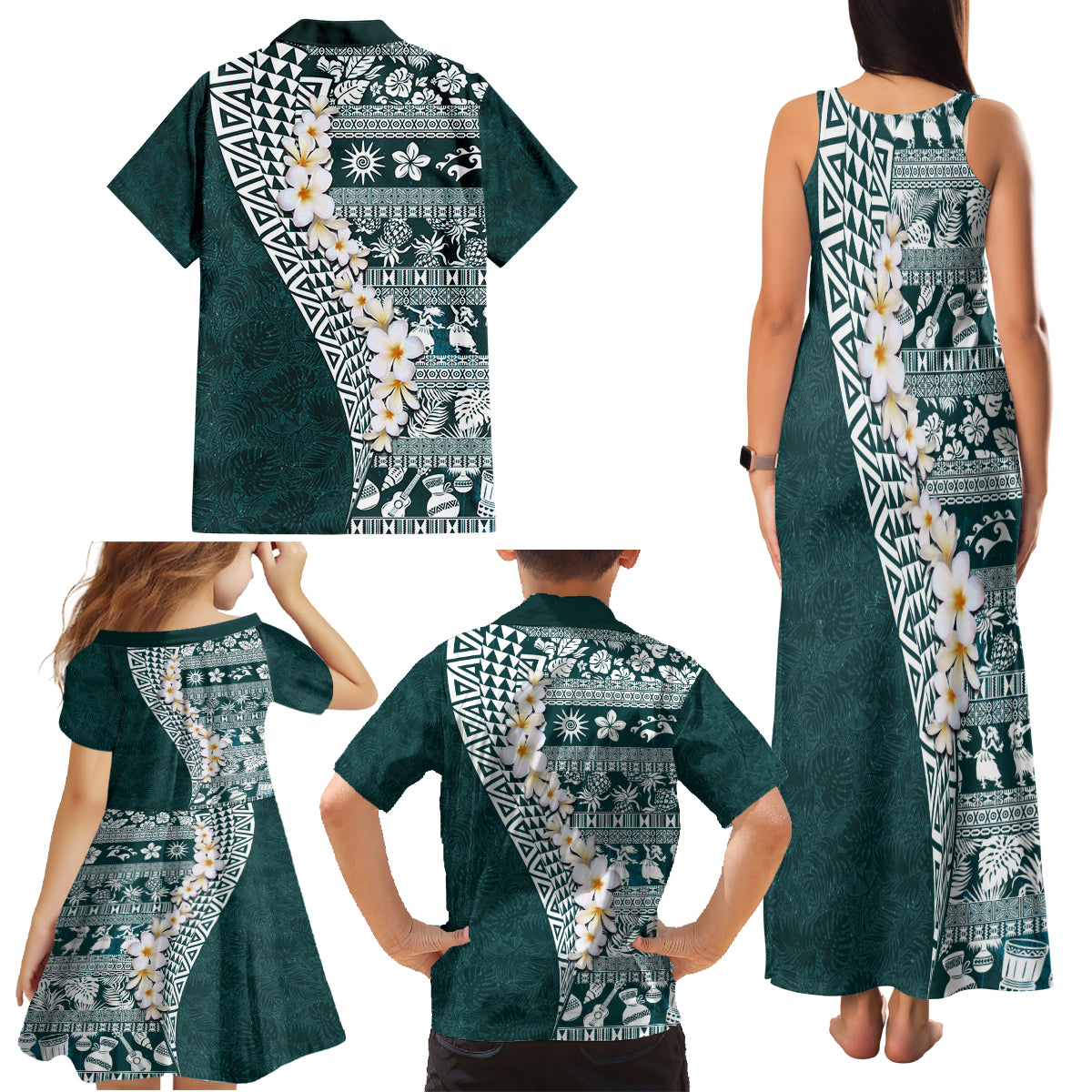 Hawaii Plumeria Tribal Vintage Family Matching Tank Maxi Dress and Hawaiian Shirt Special Turquoise LT03 - Polynesian Pride