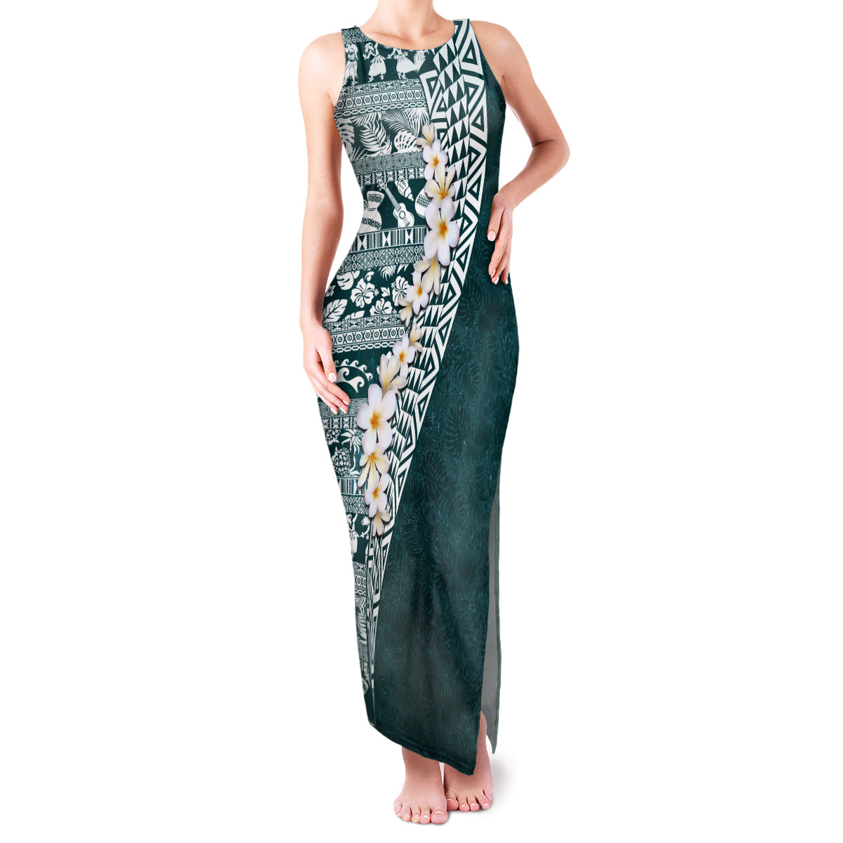 Hawaii Plumeria Tribal Vintage Family Matching Tank Maxi Dress and Hawaiian Shirt Special Turquoise LT03 Mom's Dress Turquoise - Polynesian Pride