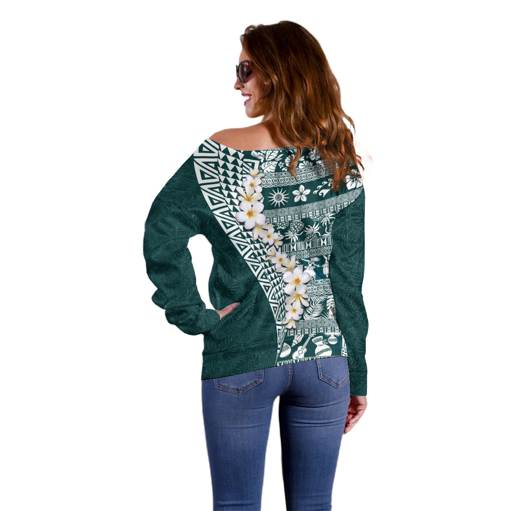 Hawaii Plumeria Tribal Vintage Off Shoulder Sweater Special Turquoise