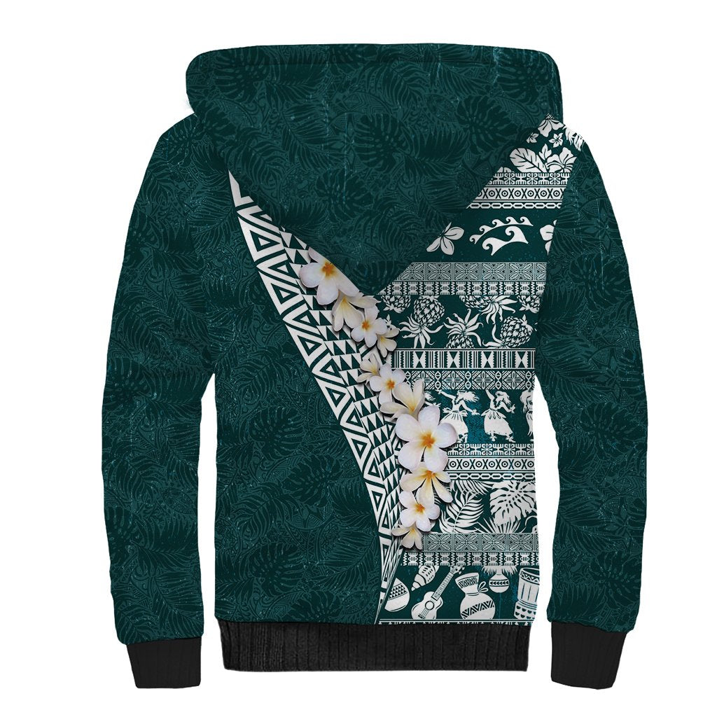 Hawaii Plumeria Tribal Vintage Sherpa Hoodie Special Turquoise