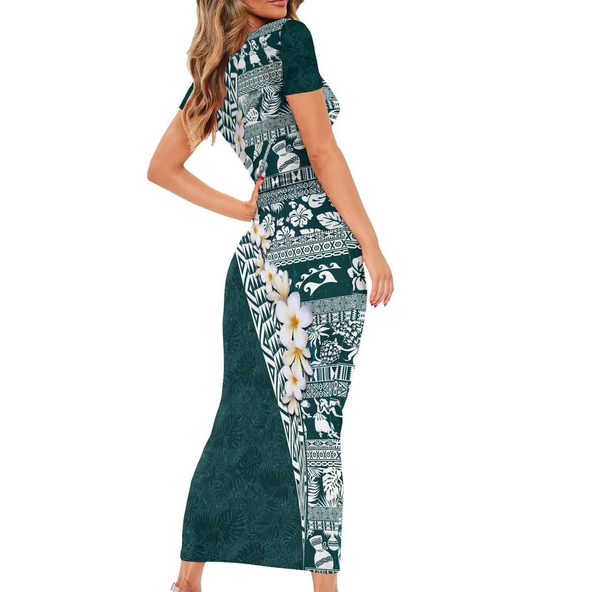 Hawaii Plumeria Tribal Vintage Short Sleeve Bodycon Dress Special Turquoise