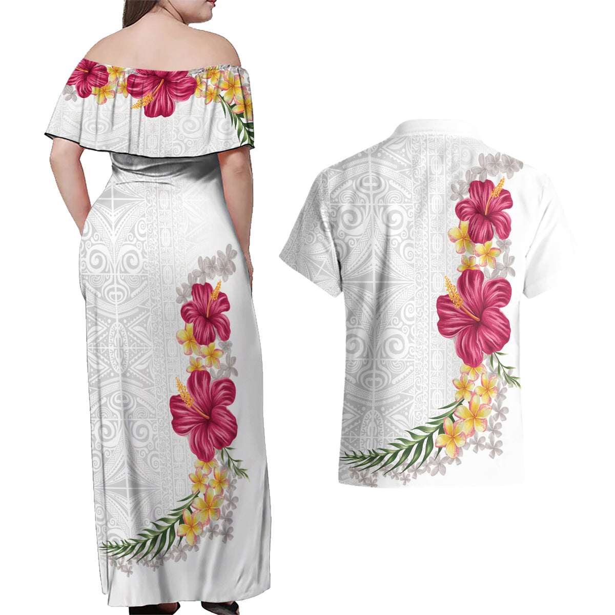 Hawaiian Plumeria and Hibiscus Couples Matching Off Shoulder Maxi Dress and Hawaiian Shirt White Mode