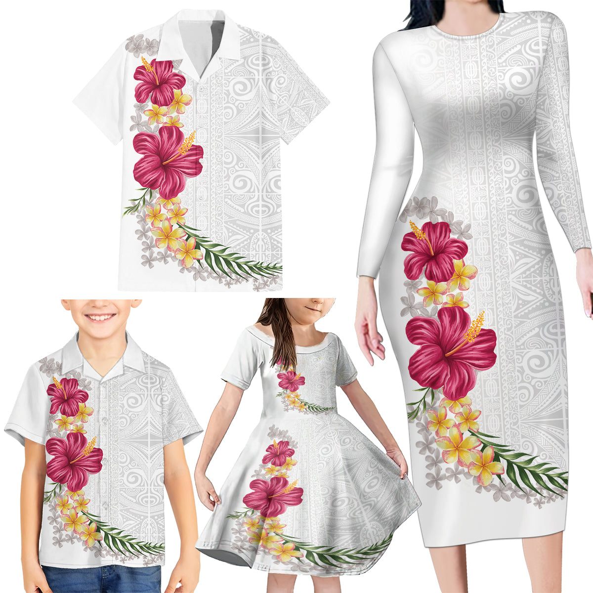 Hawaiian Plumeria and Hibiscus Family Matching Long Sleeve Bodycon Dress and Hawaiian Shirt White Mode LT03 - Polynesian Pride