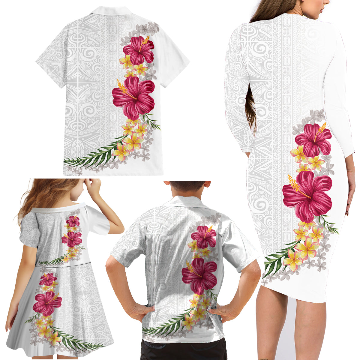 Hawaiian Plumeria and Hibiscus Family Matching Long Sleeve Bodycon Dress and Hawaiian Shirt White Mode LT03 - Polynesian Pride