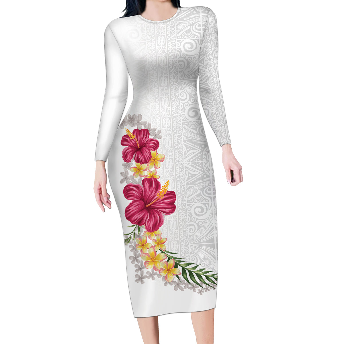 Hawaiian Plumeria and Hibiscus Family Matching Long Sleeve Bodycon Dress and Hawaiian Shirt White Mode LT03 Mom's Dress White - Polynesian Pride