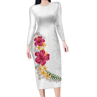 Hawaiian Plumeria and Hibiscus Family Matching Long Sleeve Bodycon Dress and Hawaiian Shirt White Mode LT03 Mom's Dress White - Polynesian Pride