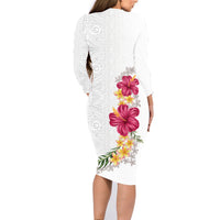 Hawaiian Plumeria and Hibiscus Family Matching Long Sleeve Bodycon Dress and Hawaiian Shirt White Mode LT03 - Polynesian Pride