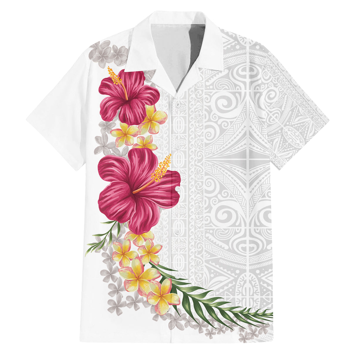 Hawaiian Plumeria and Hibiscus Family Matching Mermaid Dress and Hawaiian Shirt White Mode LT03 Dad's Shirt - Short Sleeve White - Polynesian Pride