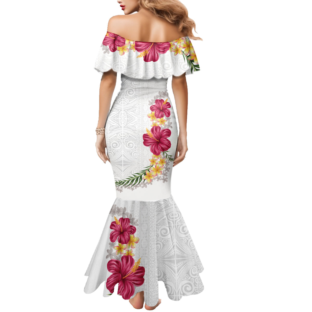 Hawaiian Plumeria and Hibiscus Family Matching Mermaid Dress and Hawaiian Shirt White Mode LT03 - Polynesian Pride