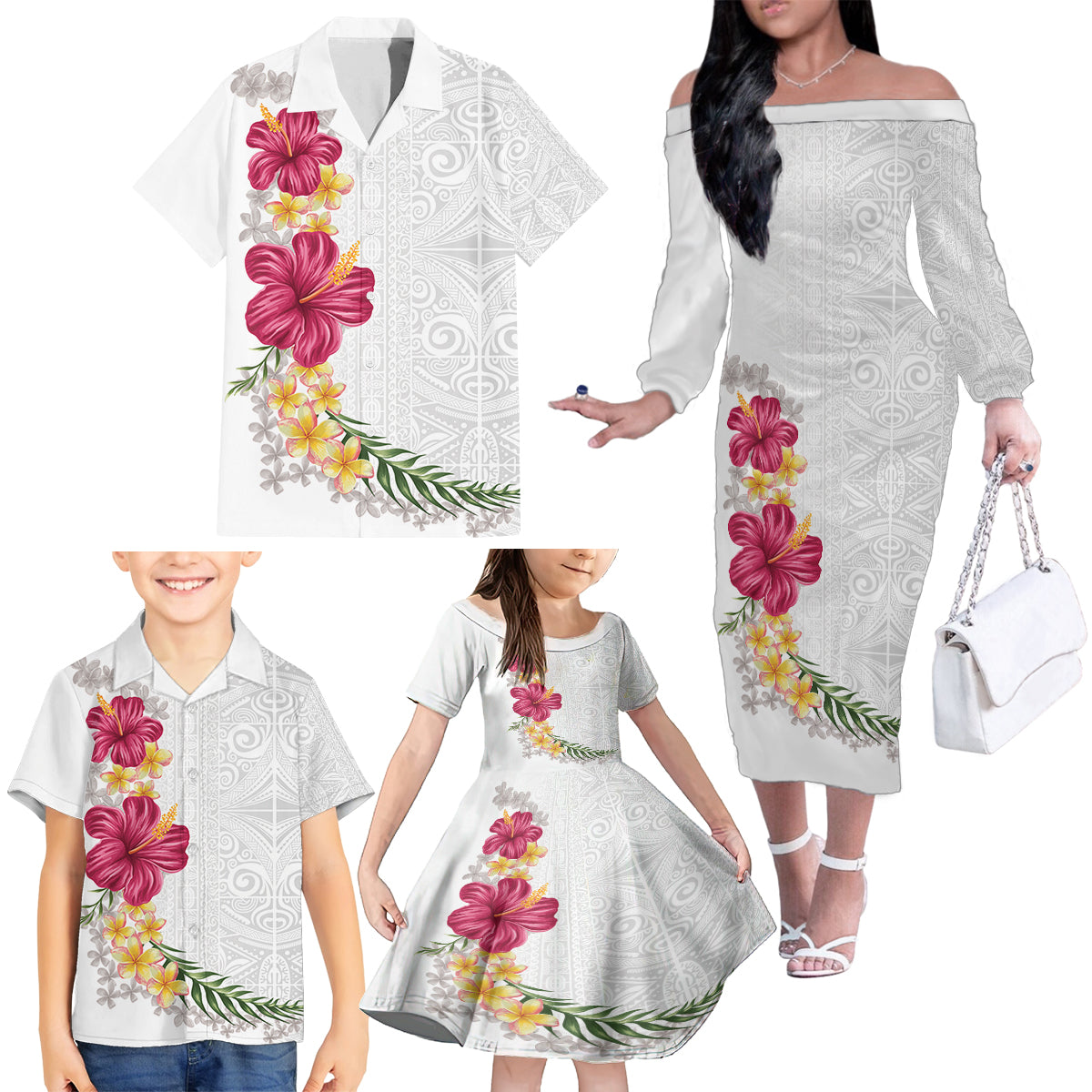Hawaiian Plumeria and Hibiscus Family Matching Off The Shoulder Long Sleeve Dress and Hawaiian Shirt White Mode LT03 - Polynesian Pride