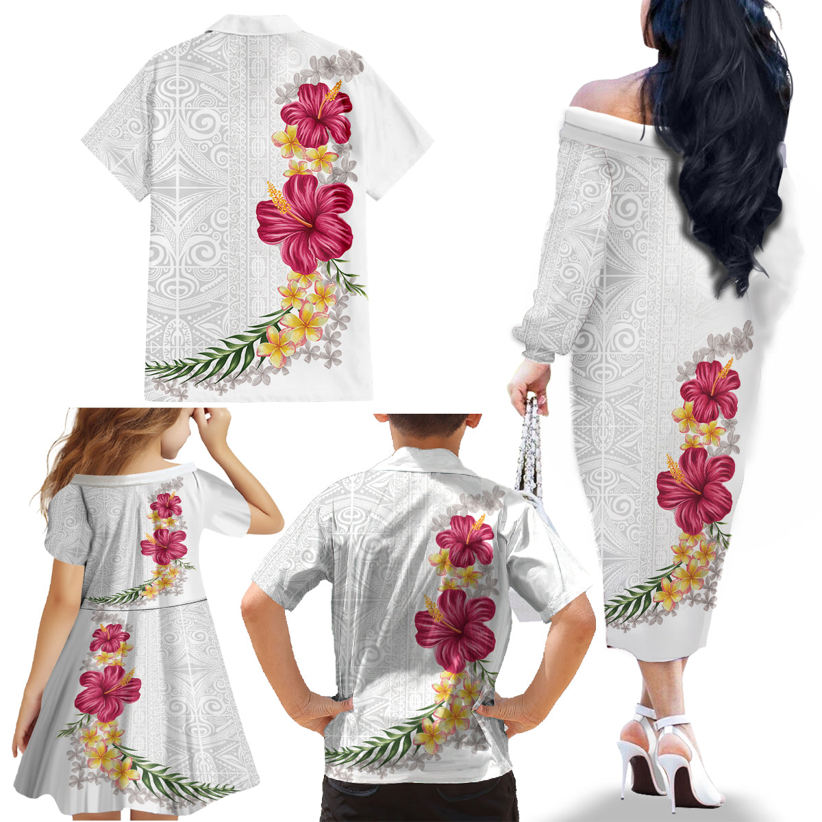Hawaiian Plumeria and Hibiscus Family Matching Off The Shoulder Long Sleeve Dress and Hawaiian Shirt White Mode LT03 - Polynesian Pride