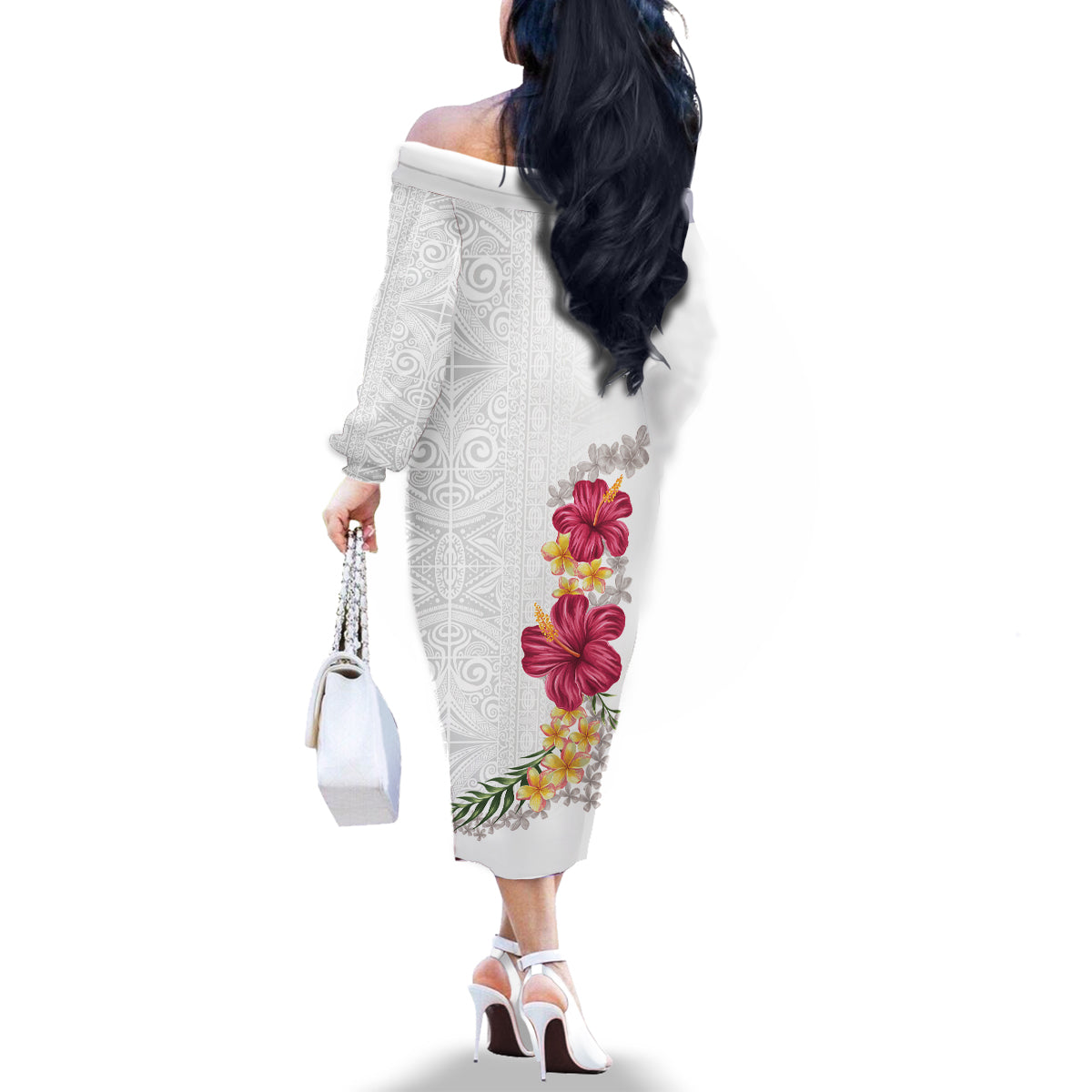 Hawaiian Plumeria and Hibiscus Family Matching Off The Shoulder Long Sleeve Dress and Hawaiian Shirt White Mode LT03 - Polynesian Pride