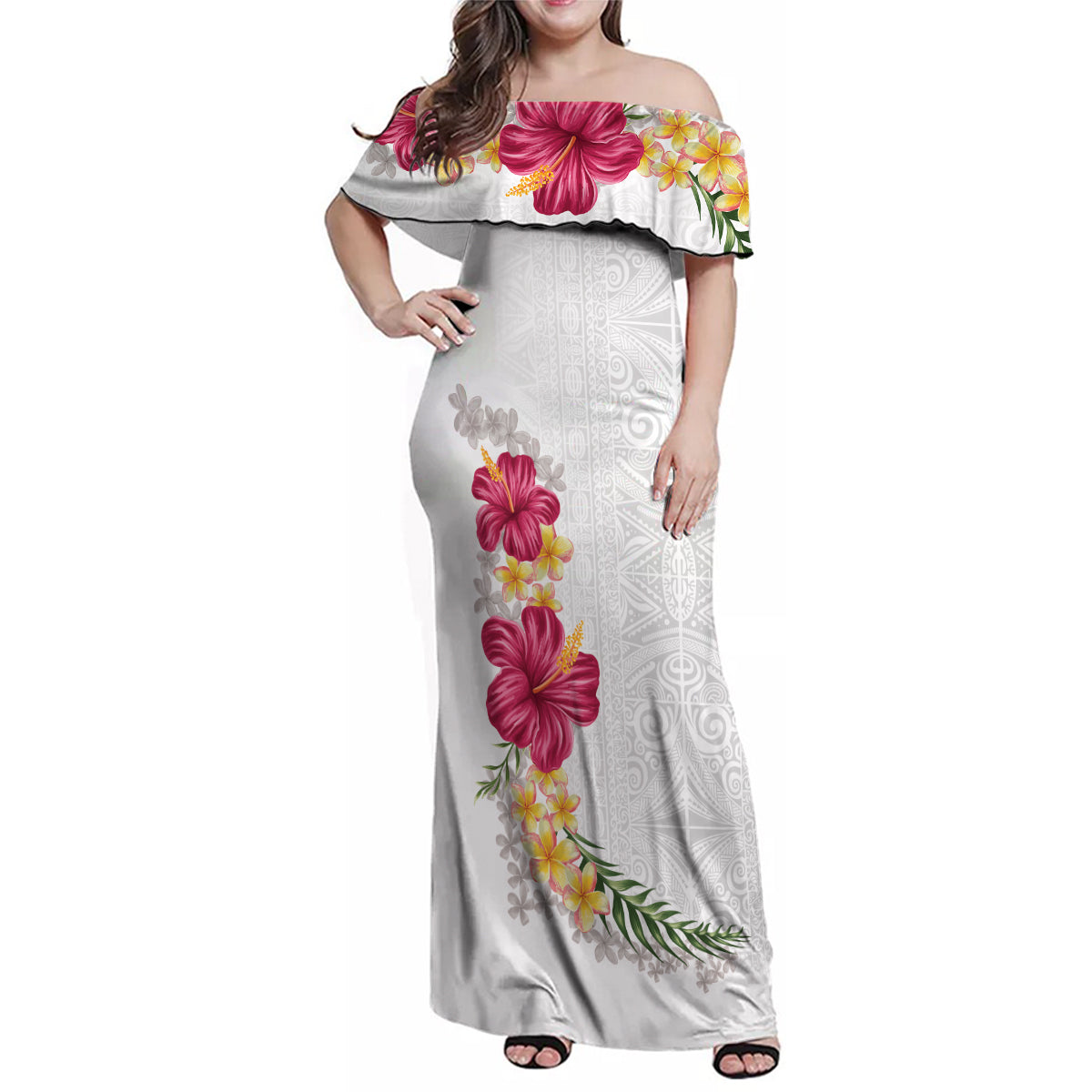 Hawaiian Plumeria and Hibiscus Family Matching Off Shoulder Maxi Dress and Hawaiian Shirt White Mode LT03 Mom's Dress White - Polynesian Pride
