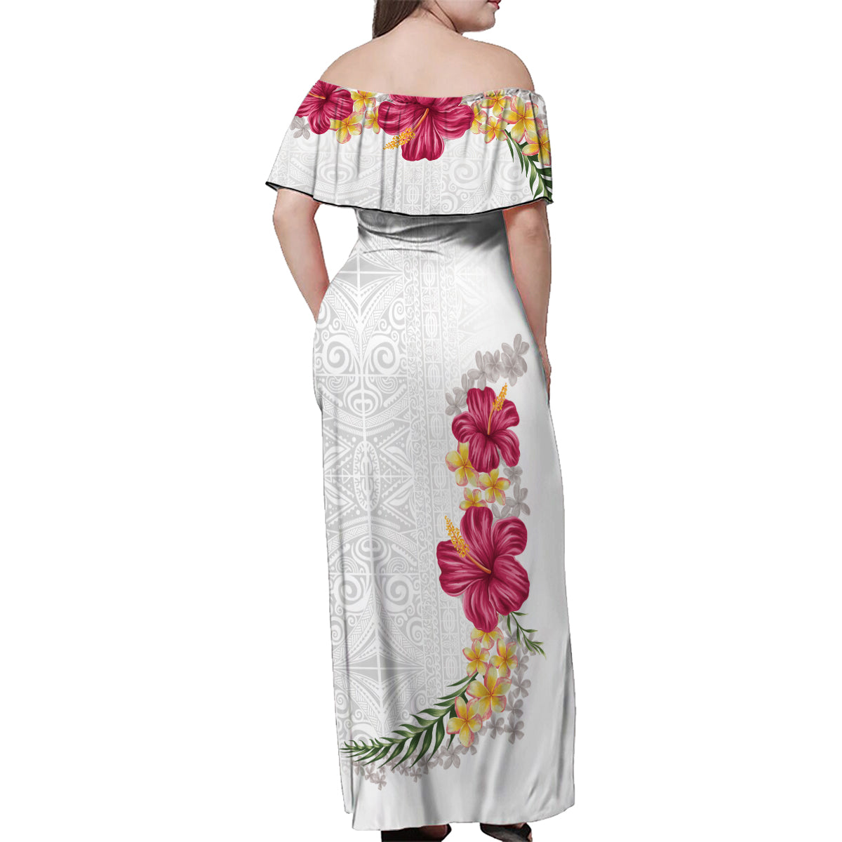 Hawaiian Plumeria and Hibiscus Family Matching Off Shoulder Maxi Dress and Hawaiian Shirt White Mode LT03 - Polynesian Pride