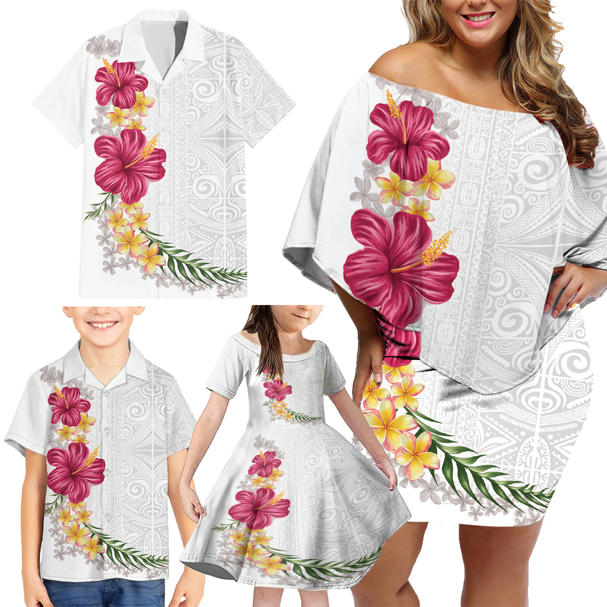 Hawaiian Plumeria and Hibiscus Family Matching Off Shoulder Short Dress and Hawaiian Shirt White Mode LT03 - Polynesian Pride