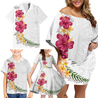 Hawaiian Plumeria and Hibiscus Family Matching Off Shoulder Short Dress and Hawaiian Shirt White Mode LT03 - Polynesian Pride