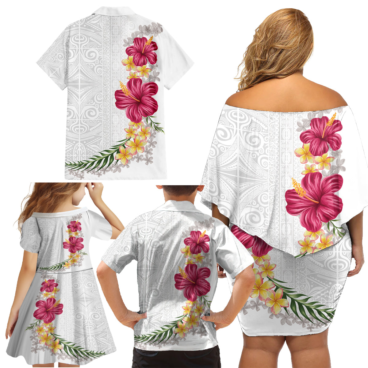 Hawaiian Plumeria and Hibiscus Family Matching Off Shoulder Short Dress and Hawaiian Shirt White Mode LT03 - Polynesian Pride