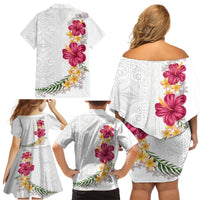 Hawaiian Plumeria and Hibiscus Family Matching Off Shoulder Short Dress and Hawaiian Shirt White Mode LT03 - Polynesian Pride