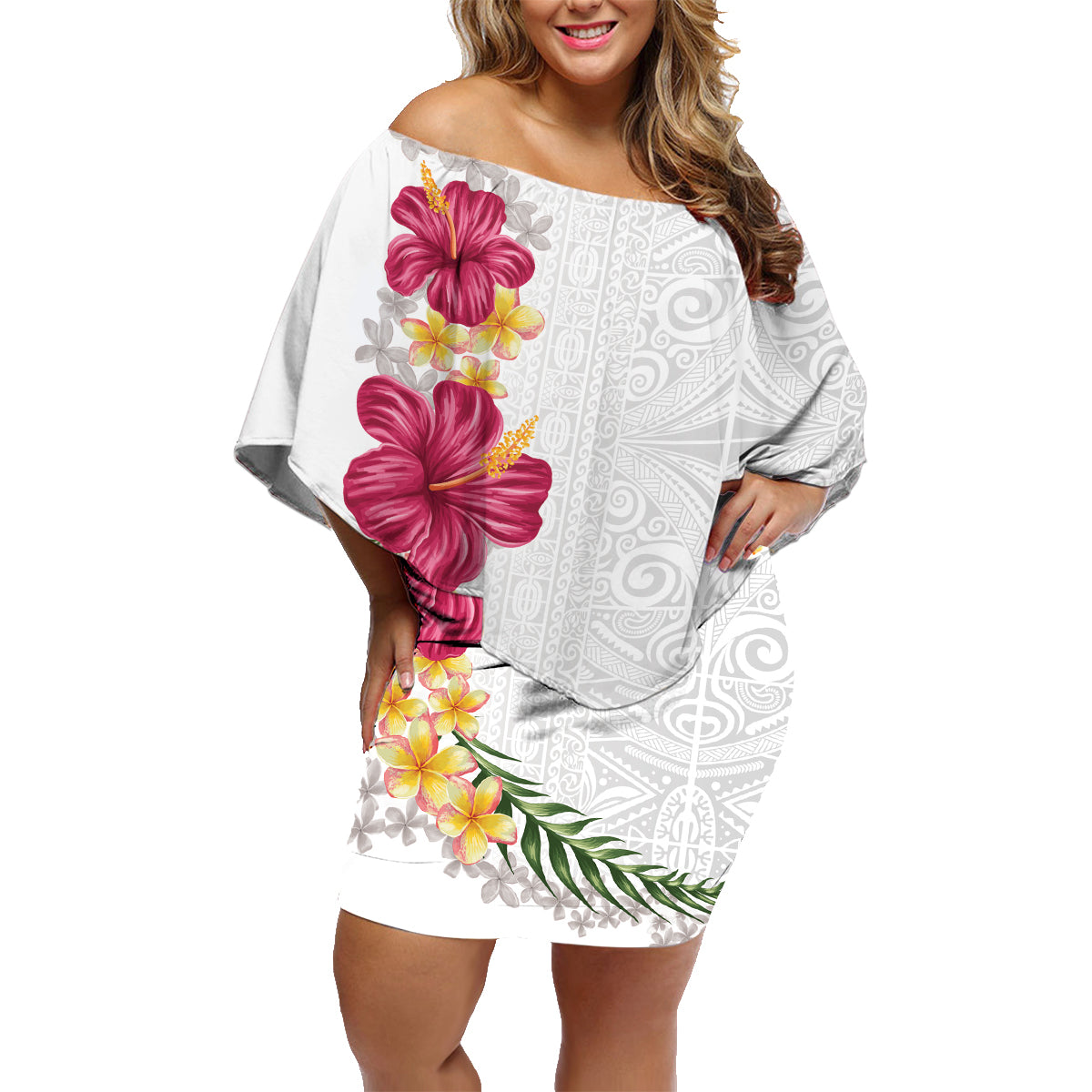 Hawaiian Plumeria and Hibiscus Family Matching Off Shoulder Short Dress and Hawaiian Shirt White Mode LT03 Mom's Dress White - Polynesian Pride