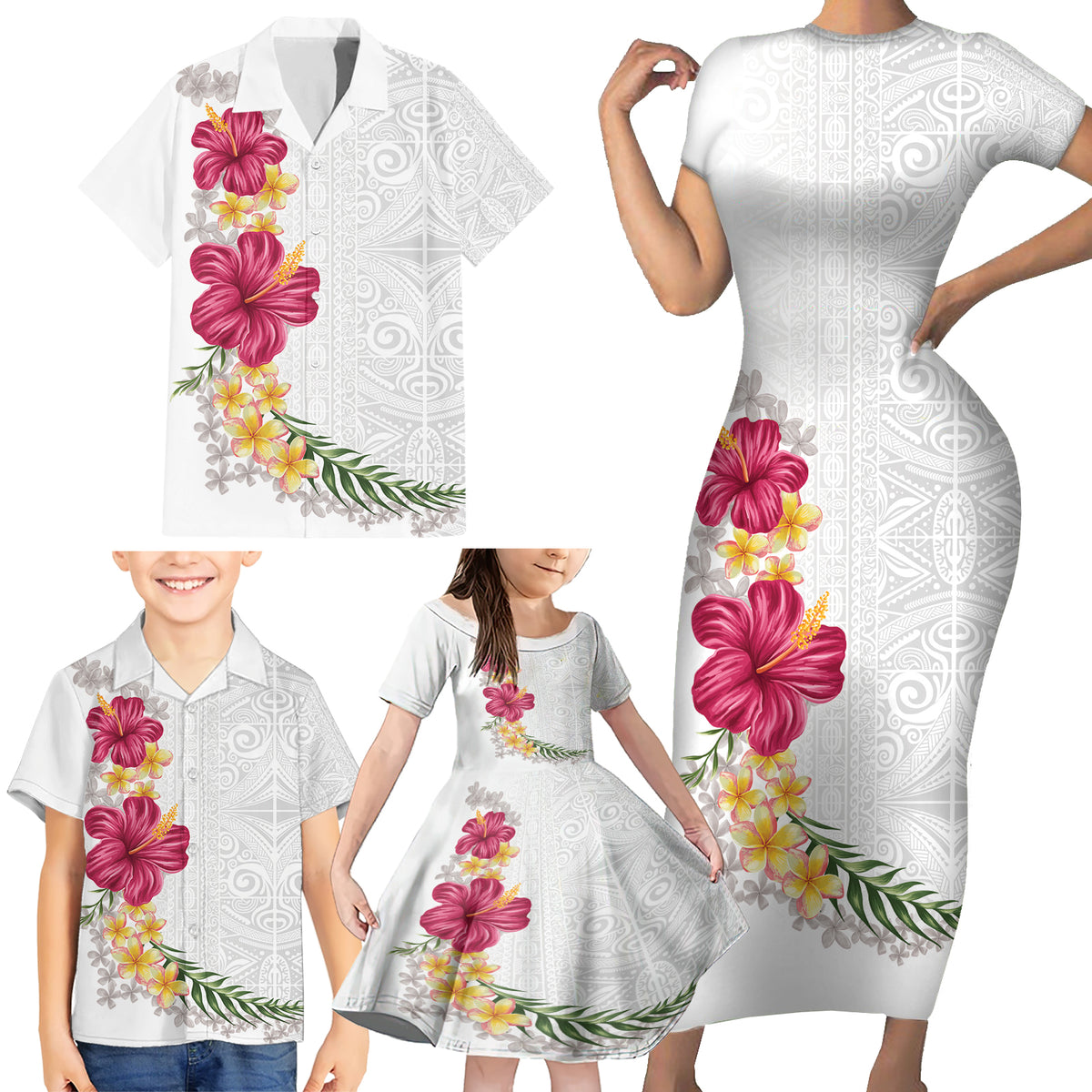 Hawaiian Plumeria and Hibiscus Family Matching Short Sleeve Bodycon Dress and Hawaiian Shirt White Mode LT03 - Polynesian Pride
