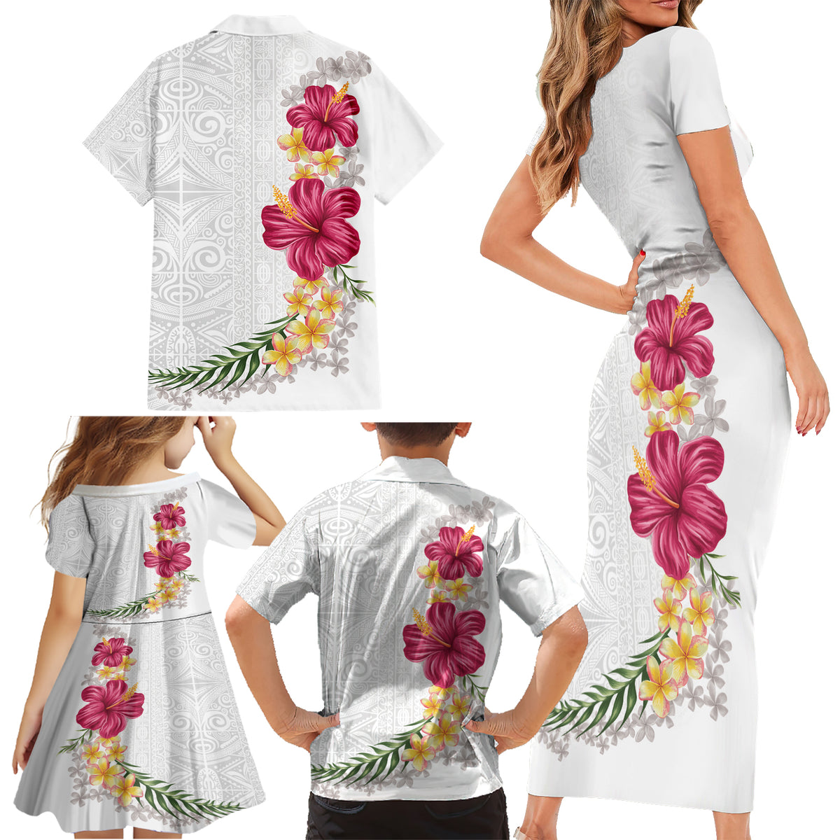 Hawaiian Plumeria and Hibiscus Family Matching Short Sleeve Bodycon Dress and Hawaiian Shirt White Mode LT03 - Polynesian Pride