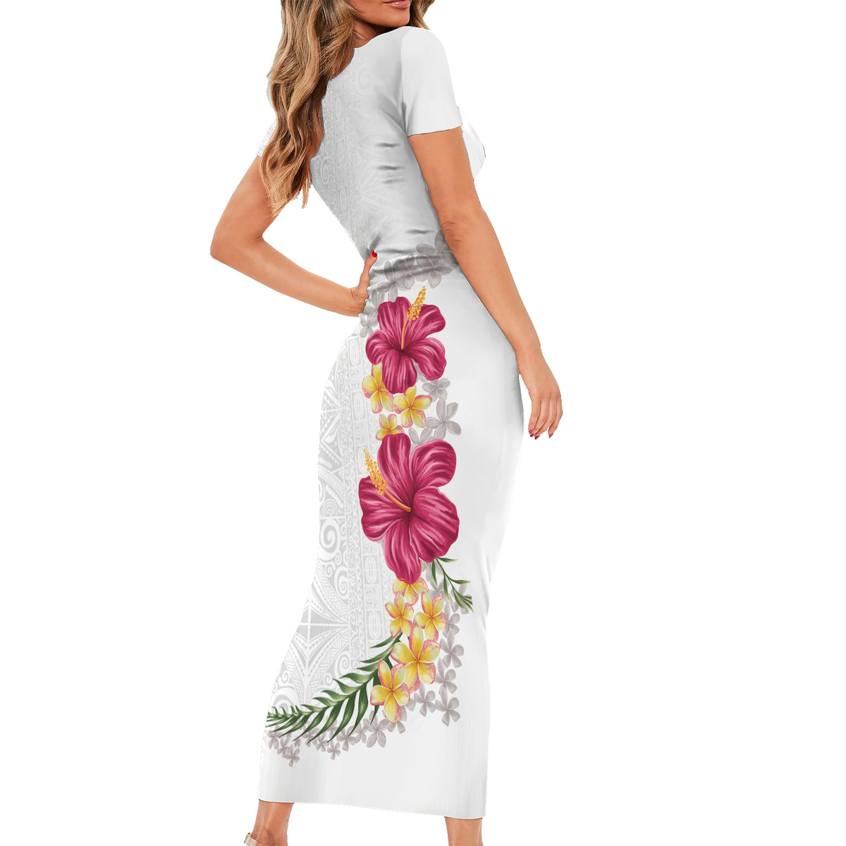 Hawaiian Plumeria and Hibiscus Family Matching Short Sleeve Bodycon Dress and Hawaiian Shirt White Mode LT03 - Polynesian Pride