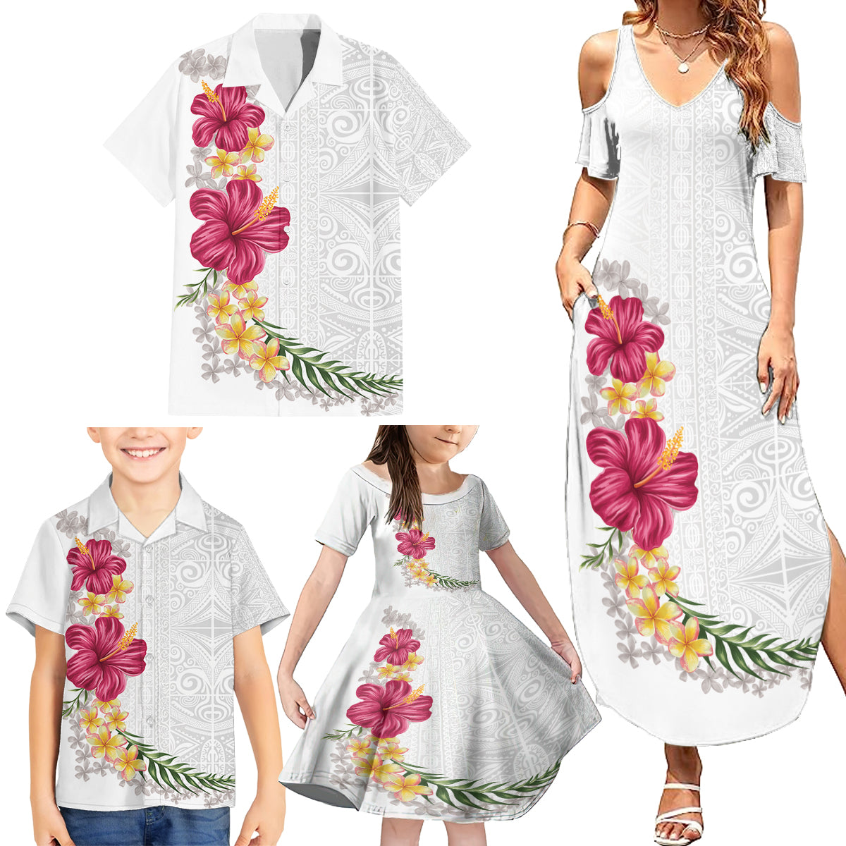 Hawaiian Plumeria and Hibiscus Family Matching Summer Maxi Dress and Hawaiian Shirt White Mode LT03 - Polynesian Pride