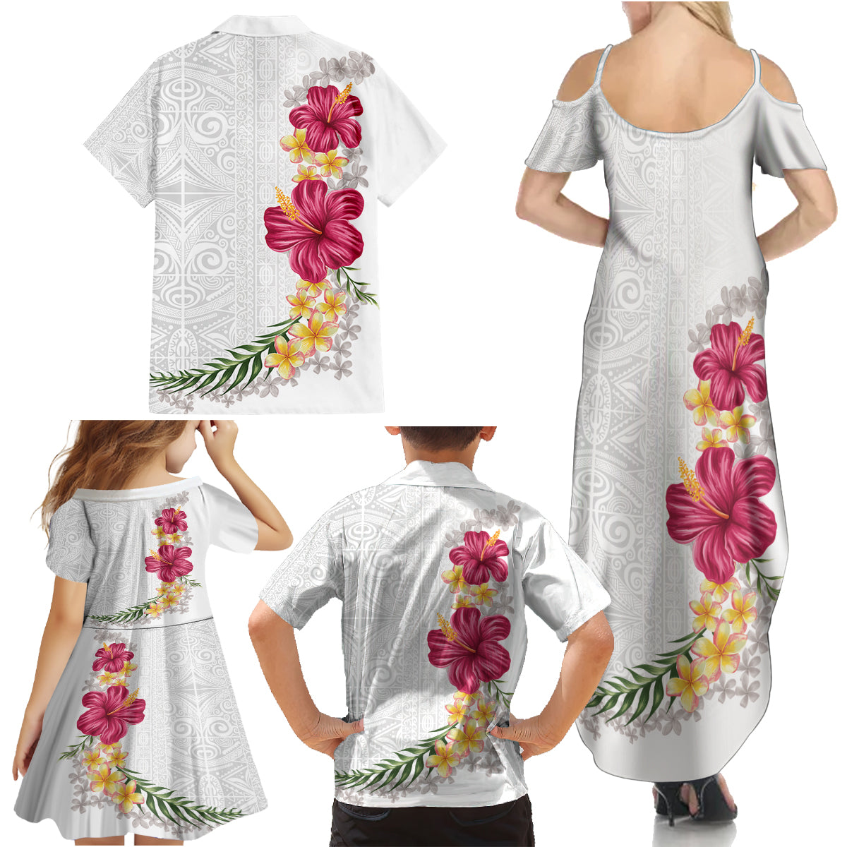 Hawaiian Plumeria and Hibiscus Family Matching Summer Maxi Dress and Hawaiian Shirt White Mode LT03 - Polynesian Pride