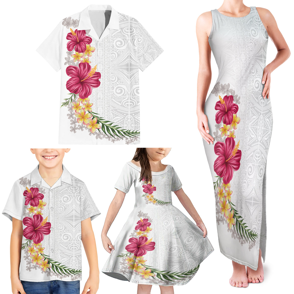 Hawaiian Plumeria and Hibiscus Family Matching Tank Maxi Dress and Hawaiian Shirt White Mode LT03 - Polynesian Pride