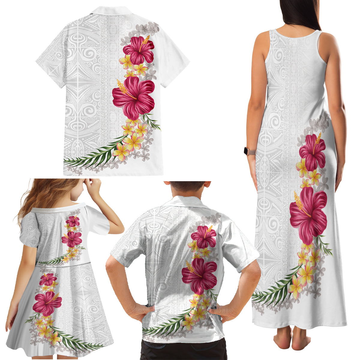 Hawaiian Plumeria and Hibiscus Family Matching Tank Maxi Dress and Hawaiian Shirt White Mode LT03 - Polynesian Pride