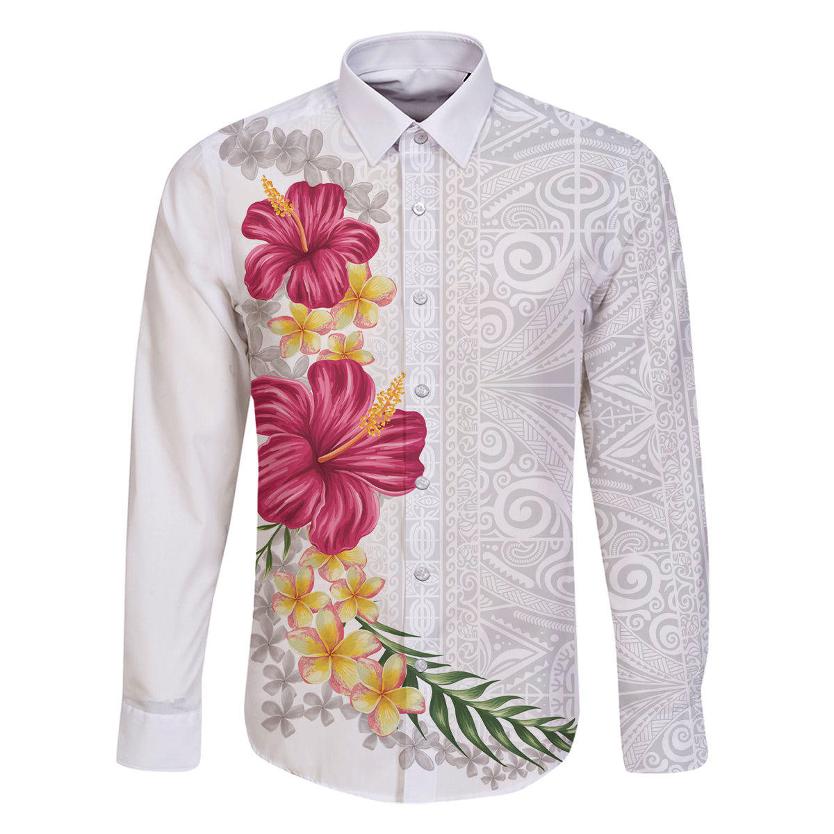 Hawaiian Plumeria and Hibiscus Family Matching Tank Maxi Dress and Hawaiian Shirt White Mode LT03 Dad's Shirt - Long Sleeve White - Polynesian Pride
