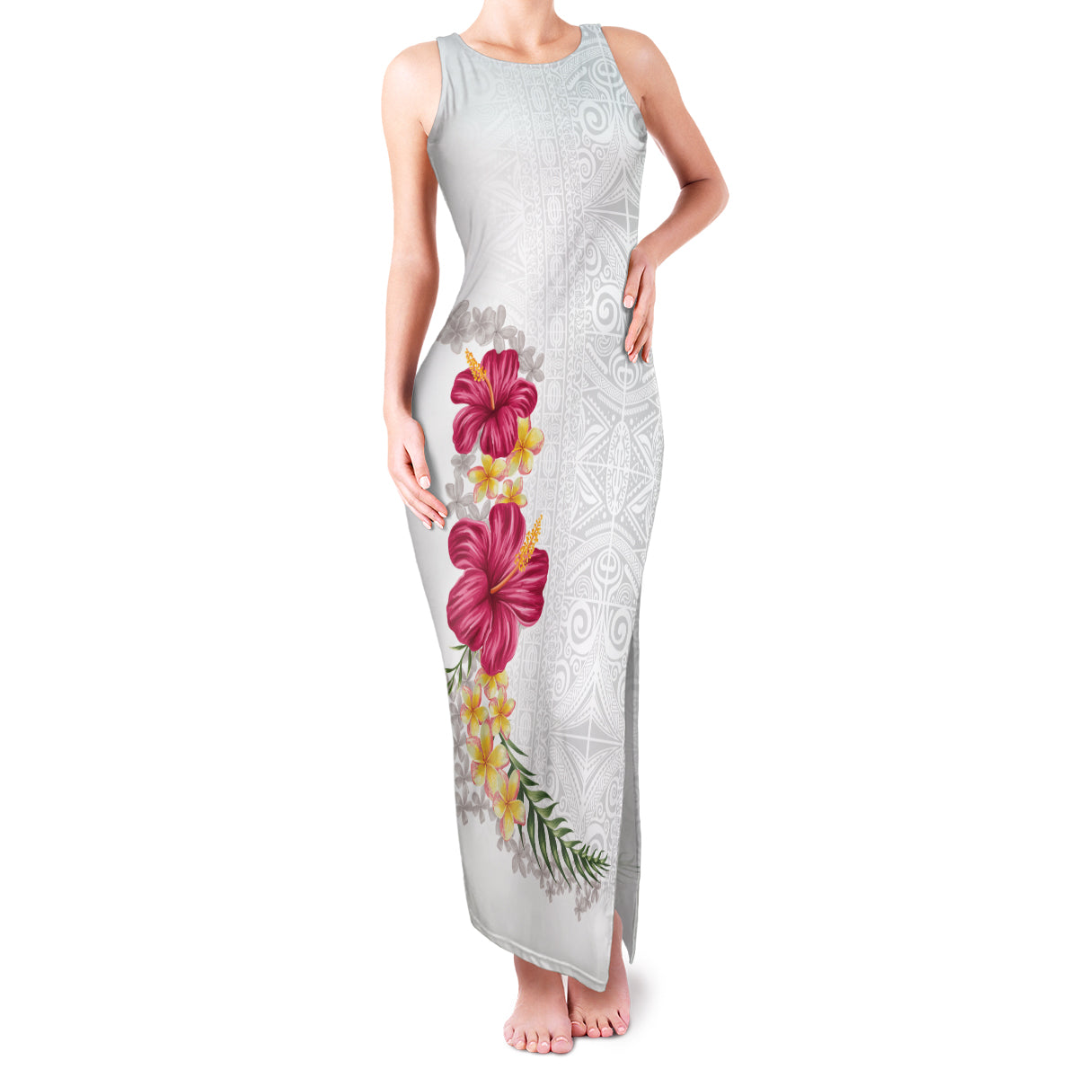 Hawaiian Plumeria and Hibiscus Family Matching Tank Maxi Dress and Hawaiian Shirt White Mode LT03 Mom's Dress White - Polynesian Pride