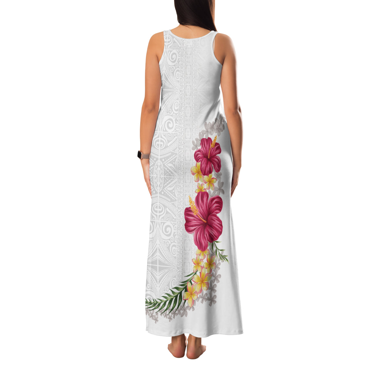 Hawaiian Plumeria and Hibiscus Family Matching Tank Maxi Dress and Hawaiian Shirt White Mode LT03 - Polynesian Pride